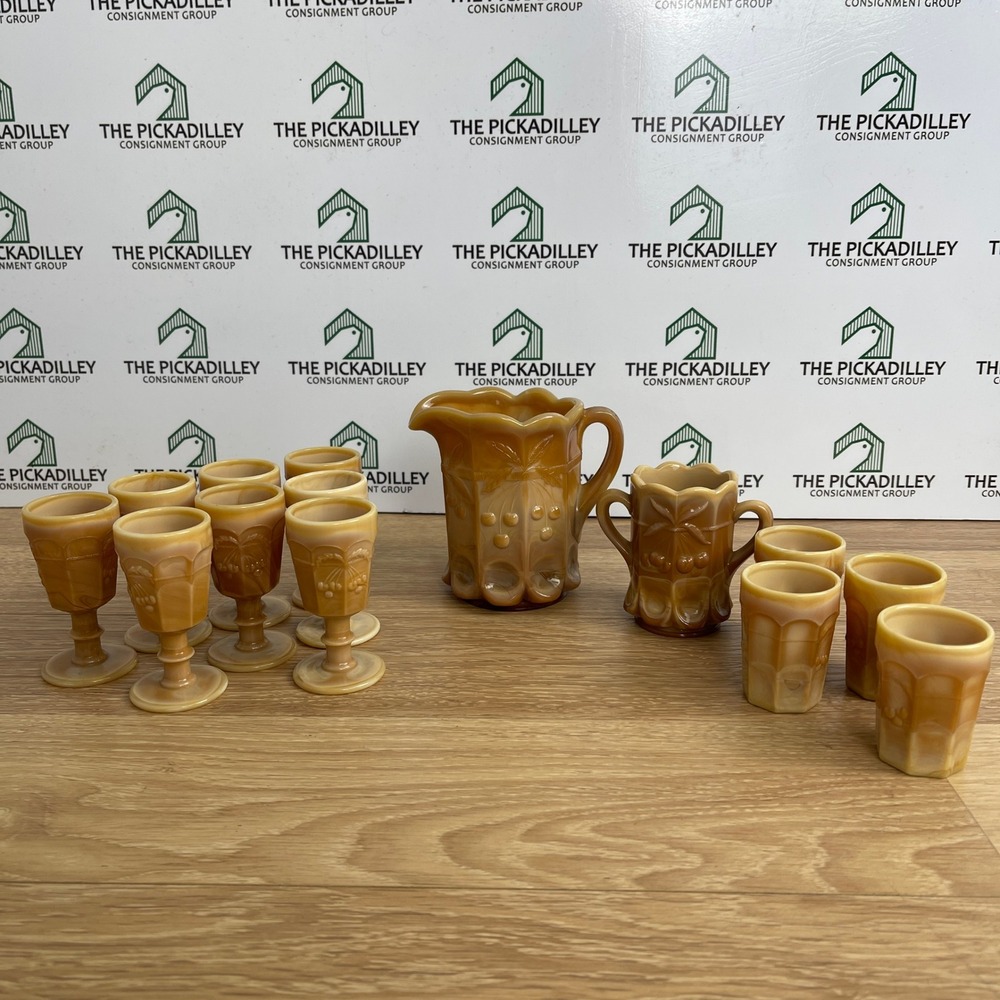 Vintage Caramel Slag Glass Miniature Pitcher Cordial Tumbler Set Cherry Pattern